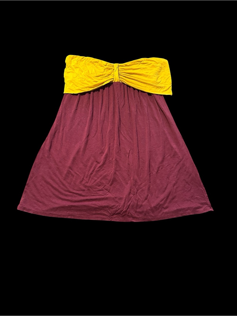 Coveted Clothing Mustard Yellow Bow Strapless Dress with Burgundy Skirt